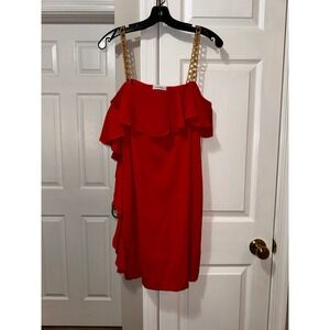 Calvin Klein Red Cold Shoulder Ruffle Chain Strap Mini Dress Size 10